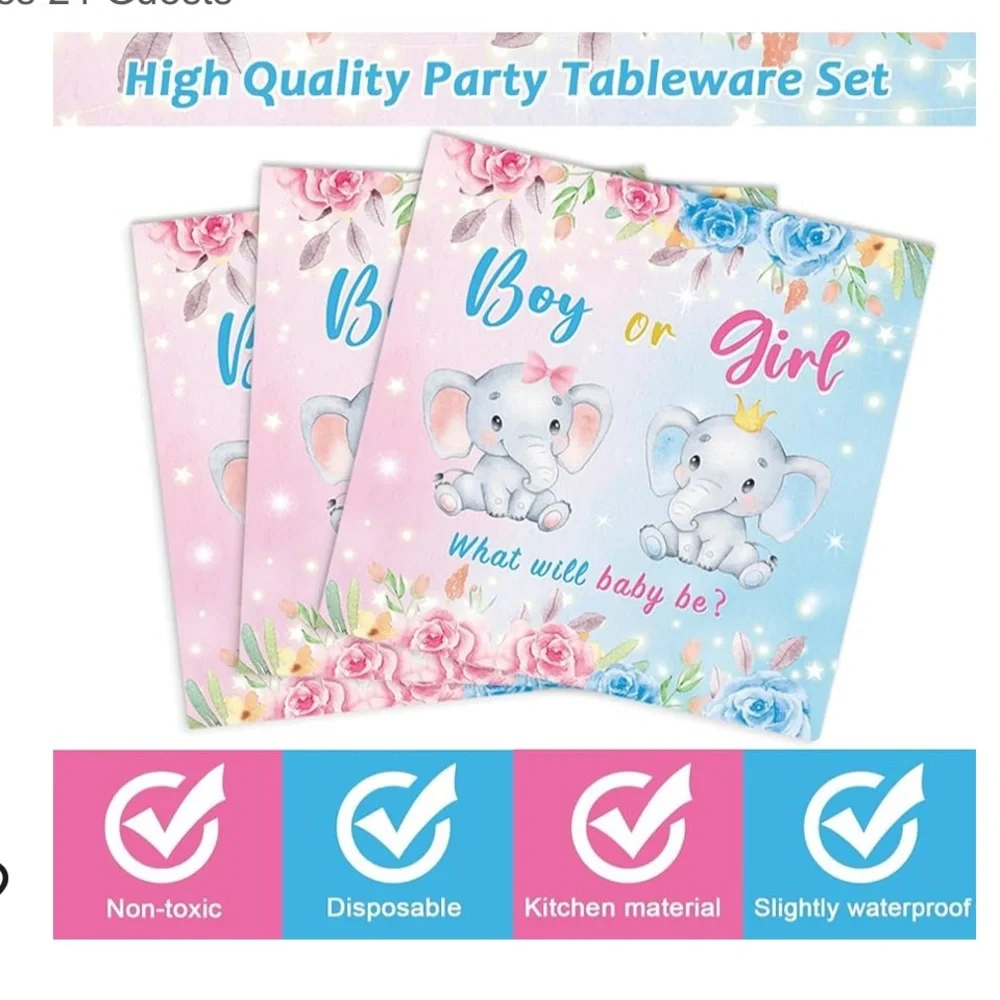 Elephant gender reveal she or he what will be tablewares set pink blue.71 pcs